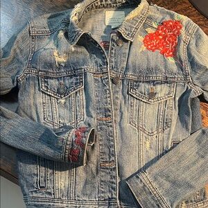 American Eagle Outfitters Blue Jean Jacket with Red Embroidery